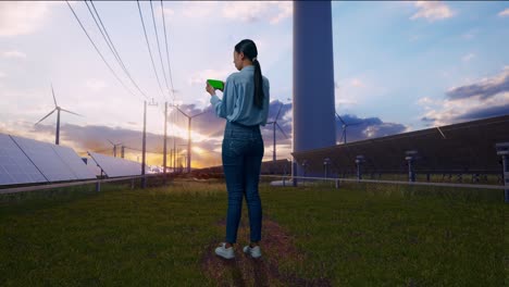 full body back view of asian female with green screen smartphone with solar panel and wind turbines, industrial facility