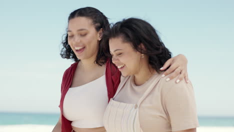 friends, hug and women on beach