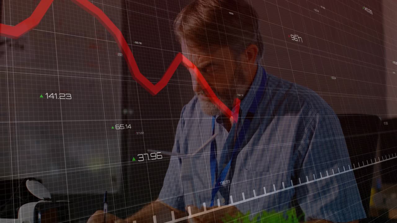 En senior ingenjör lyfter och roterar en rotormodell, samtidigt som ett finansdiagram tonas ut och skiftar för planering.