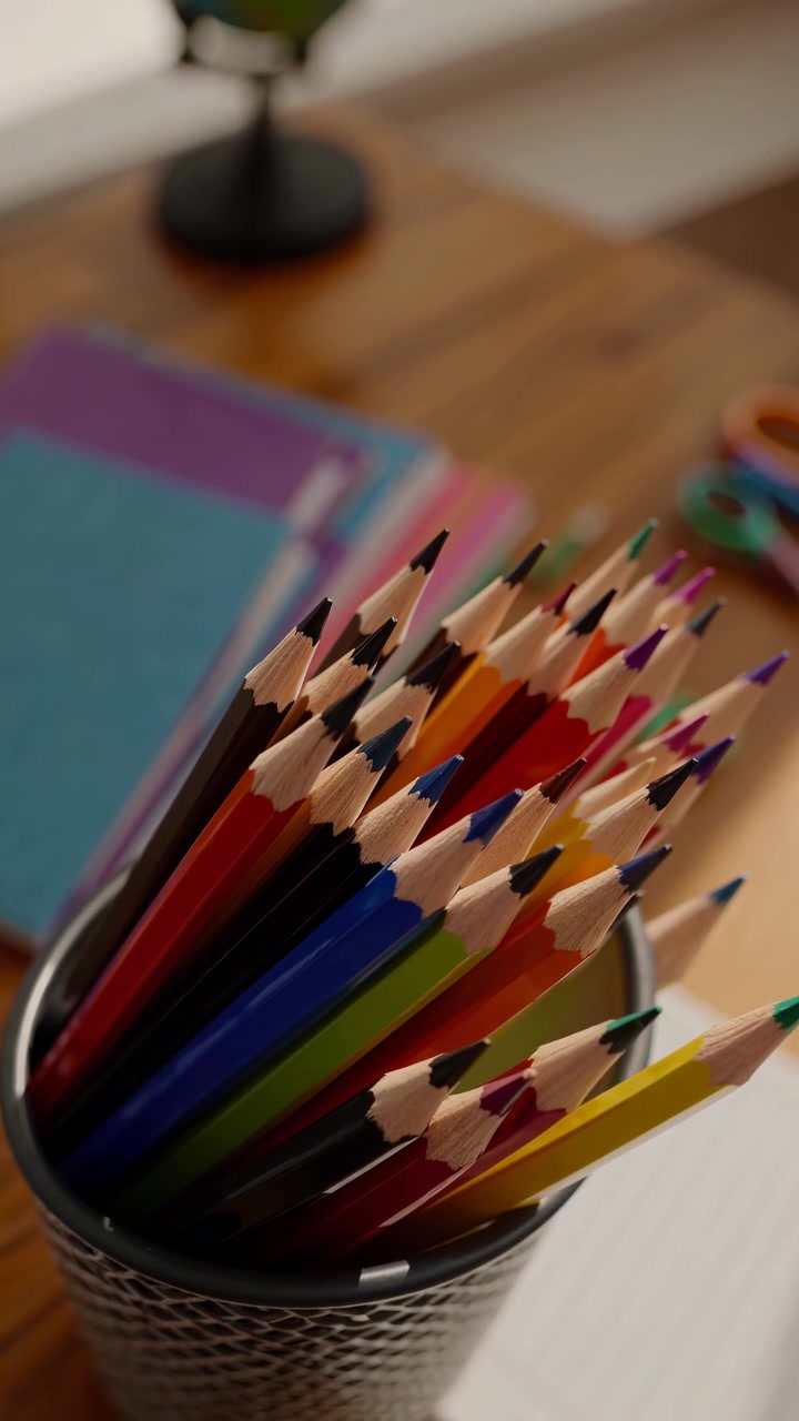 Colorful Pencils in Holder on Wooden Desk with School Supplies
