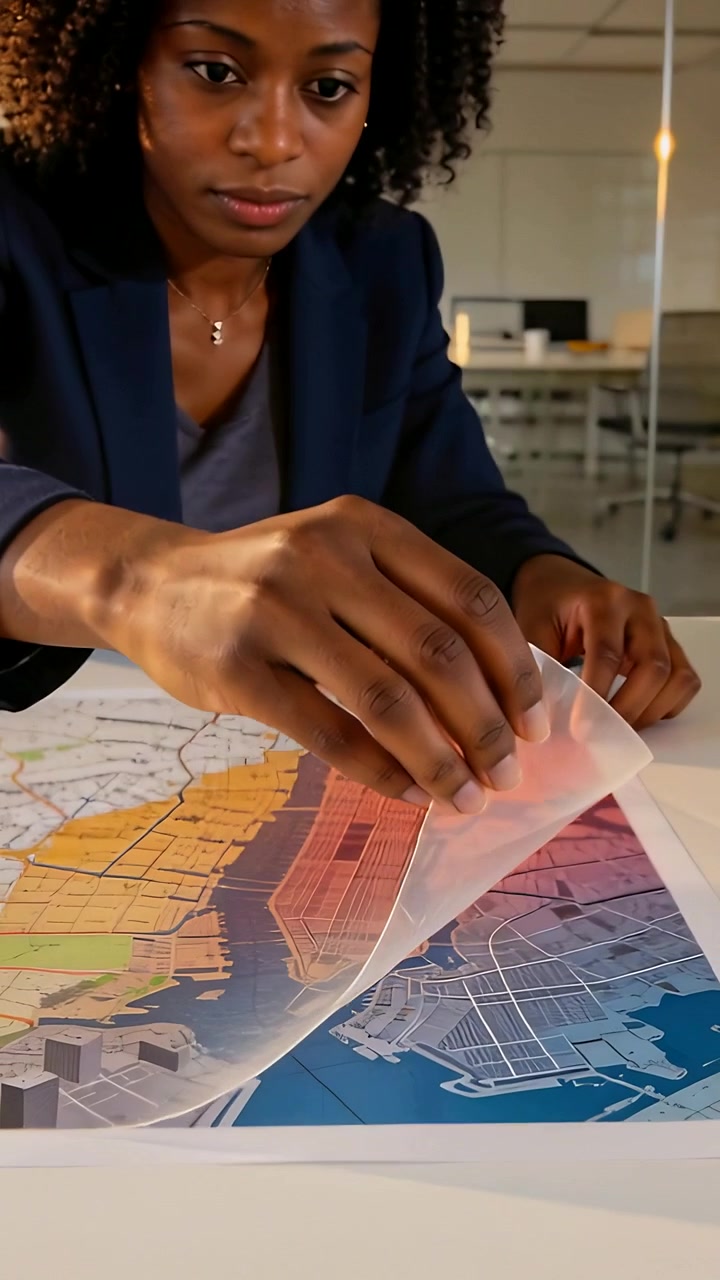 Vídeo vertical: Mulher de blazer azul-marinho descolando uma película transparente, pressionando um mapa da cidade no escritório e removendo o ar.