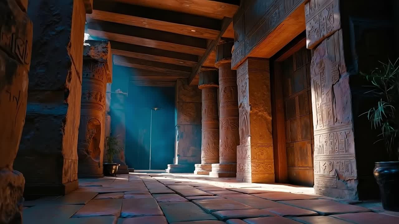 A view of an ancient building with columns and pillars