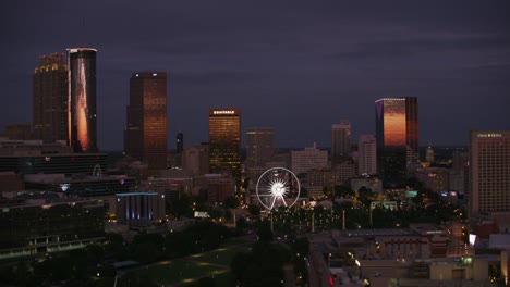 aerial view of downtown atlanta at dusk.