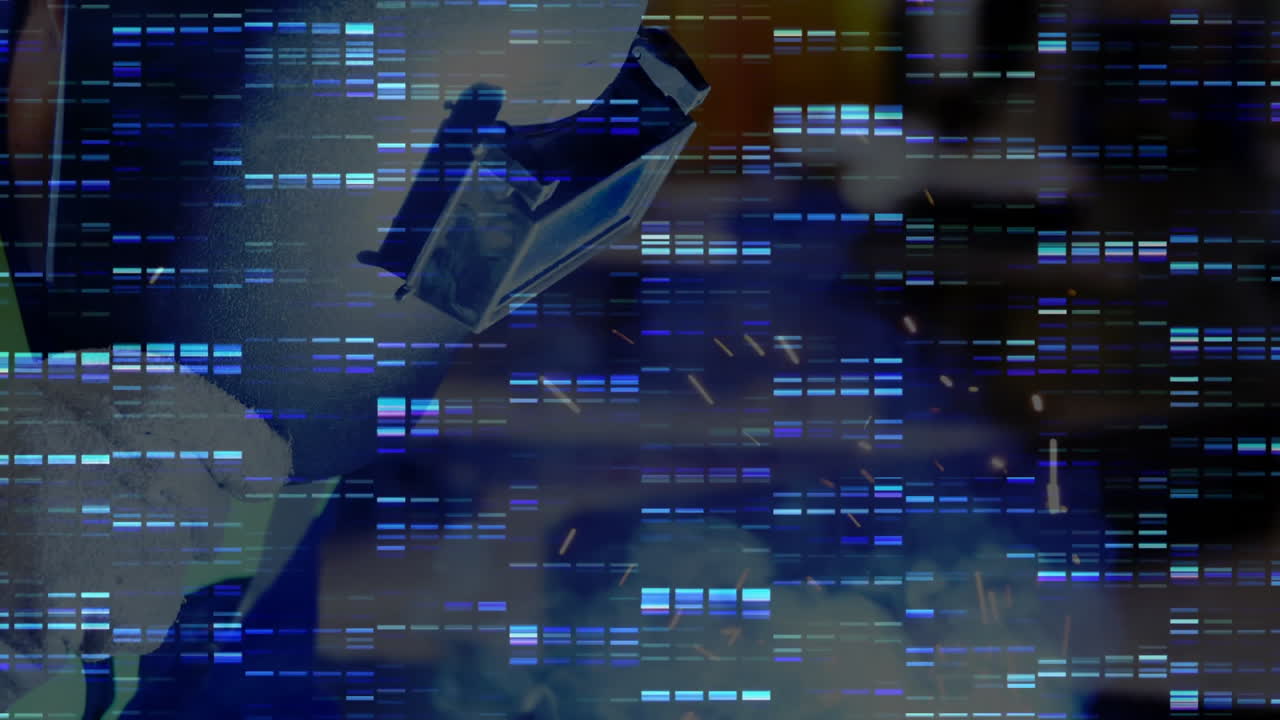 Gloved hand holding clamp tool in metalworking workshop, showing glitch bars and floating sparks