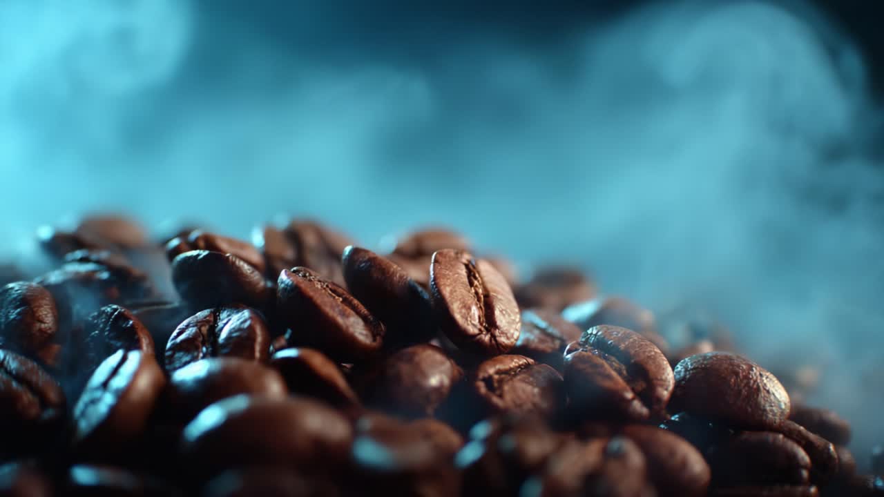 Aromatiske kaffebønner omgivet af mystisk røg: Fanger essensen af friskristet kaffe i en fængslende visuel præsentation