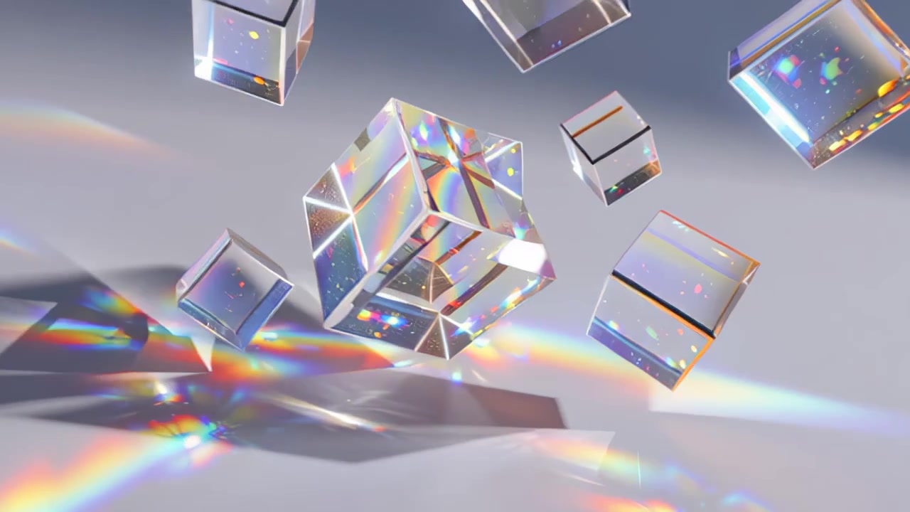 Abstrakte 3D-optagelser af gennemsigtige glaskuber, der svæver i luften med prismatisk regnbuebrydning og kaustisk lys på en minimalistisk studiebaggrund, sømløst designkoncept
