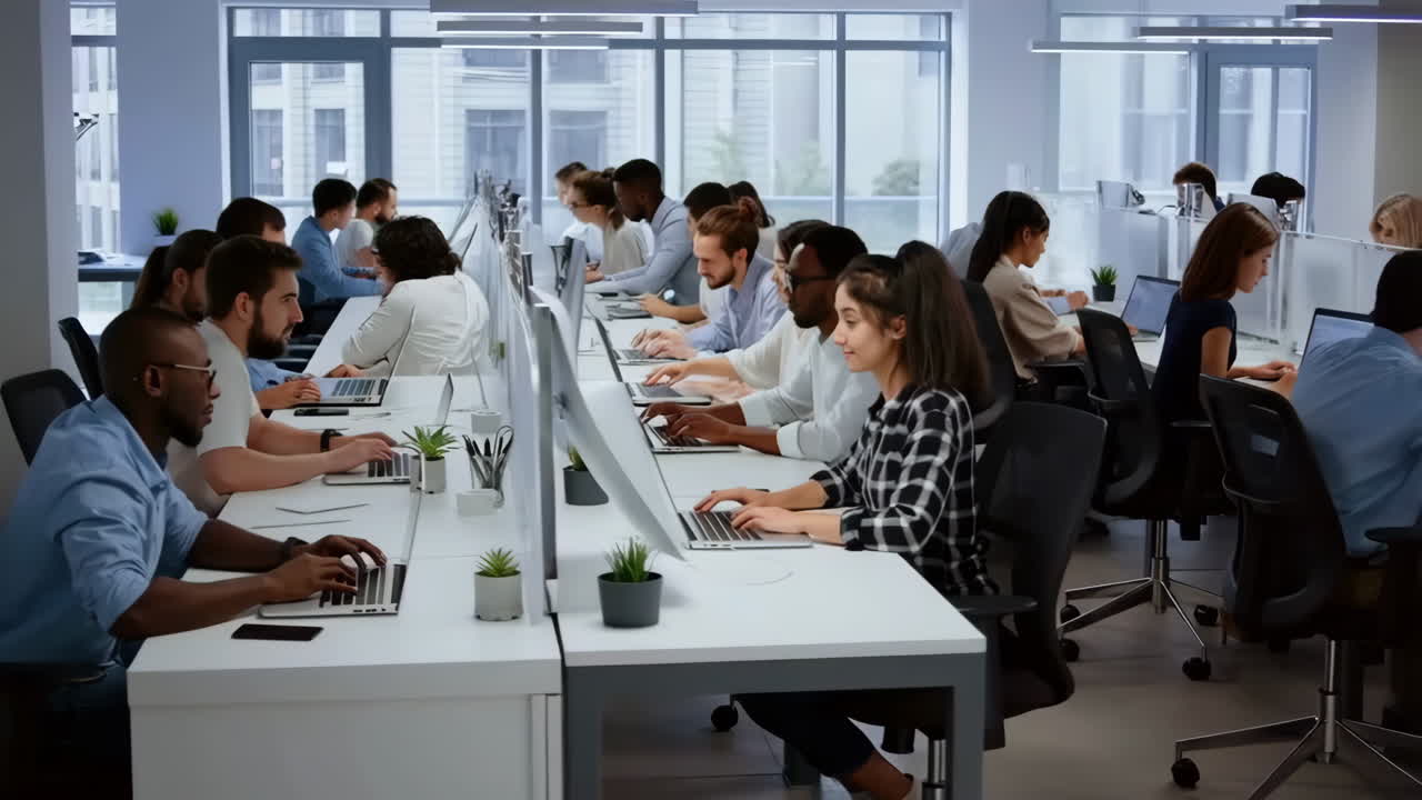 Busy Modern Office Environment with Diverse Employees Working on Computers