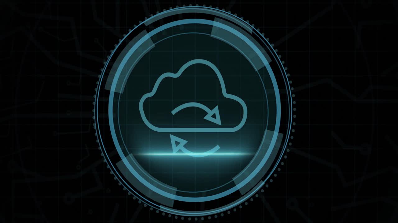 Animation of digital cloud in circle and cyber security on black background