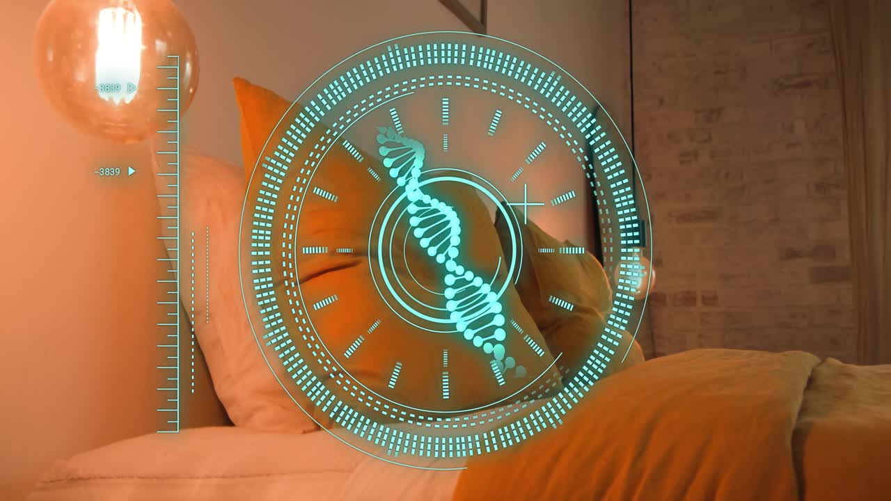 Teal HUD activating over pillow, projecting rotating DNA helix and pulsing rim showing sleep data