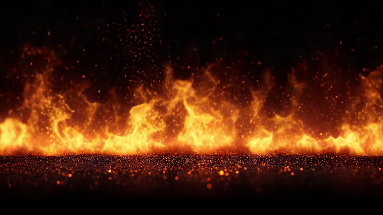 Dramatic Flames Erupting from a Dark Background, Creating an Awe-Inspiring Visual Feast of Fire and Sparkle, Capturing the Elemental Beauty of Heat and Light