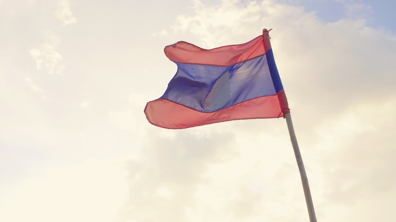 Laos Flag With Sky,Slow Motion