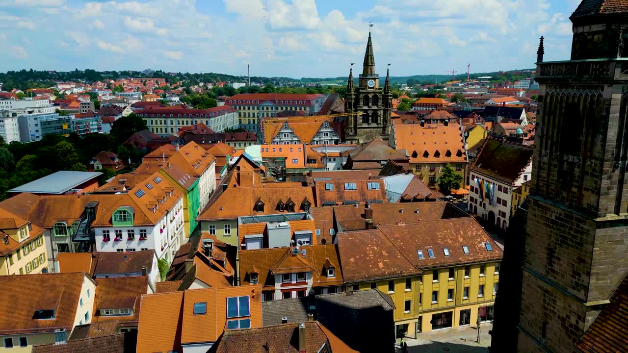 4K Aerial Drone Video of the St. Johannis Kirche Church and Kirche St. Gumbertus Church in Ansbach, Germany