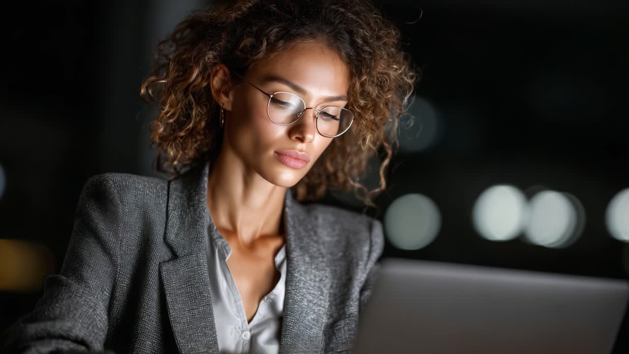 Focused Professional Working Late at Night on Laptop in Modern Office Setting with Blurred Background Lights and Stylish Attire, Capturing Ambience and Concentration