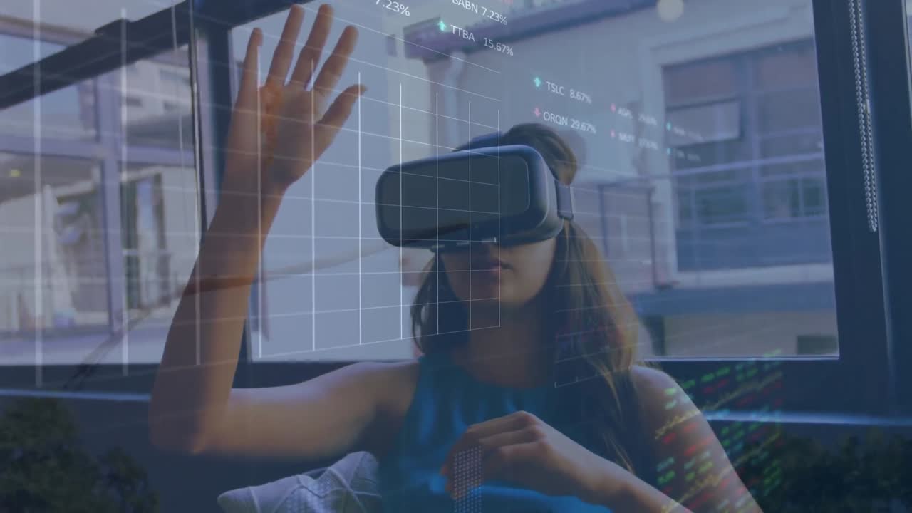Animation of financial data processing over caucasian woman wearing vr headset