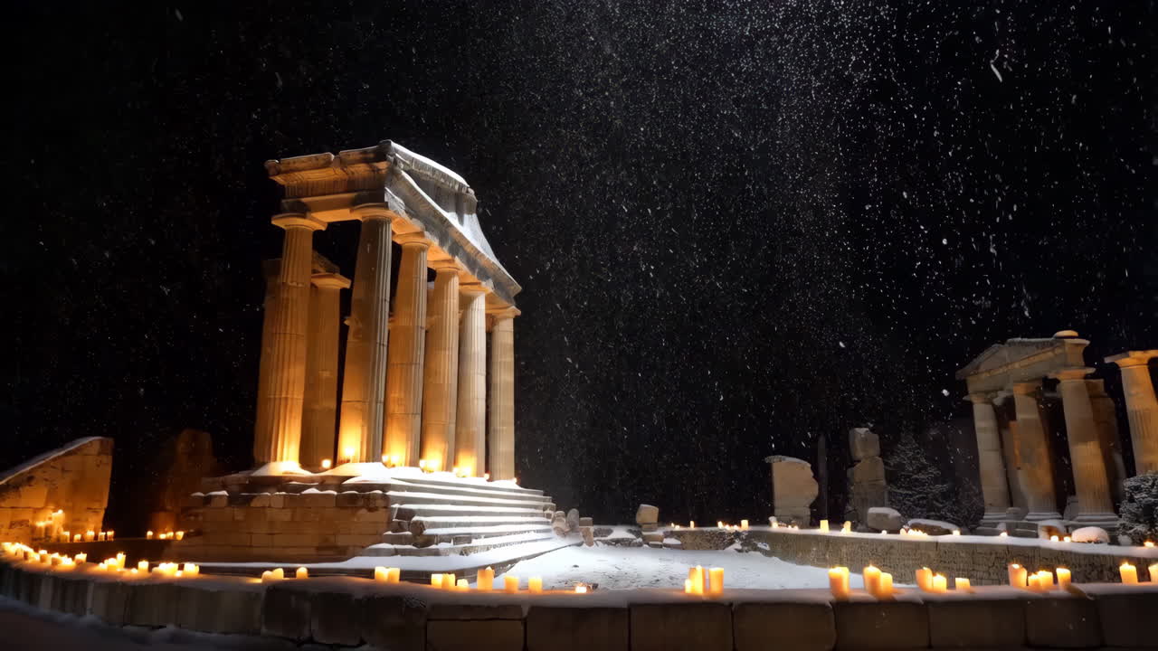 Ancient Temple Ruins Covered in Snow at Night