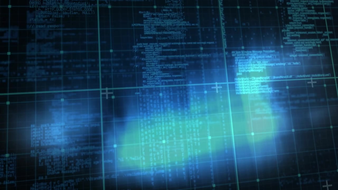 Animated Computer Code Scrolling on a Blue Digital Grid Background