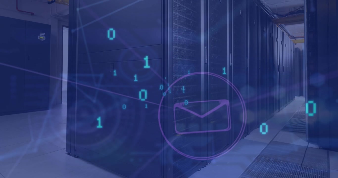 Animation of data processing and icons over server room