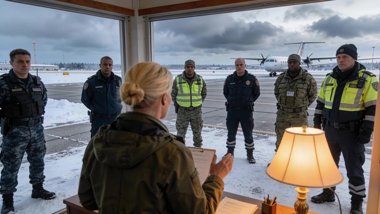 Starting briefing supervisor in olive jacket prepping team at snowy airport ramp with clipboard