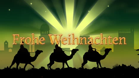 Animation-of-frohe-wihnachten-text-over-three-wise-men-on-green-background