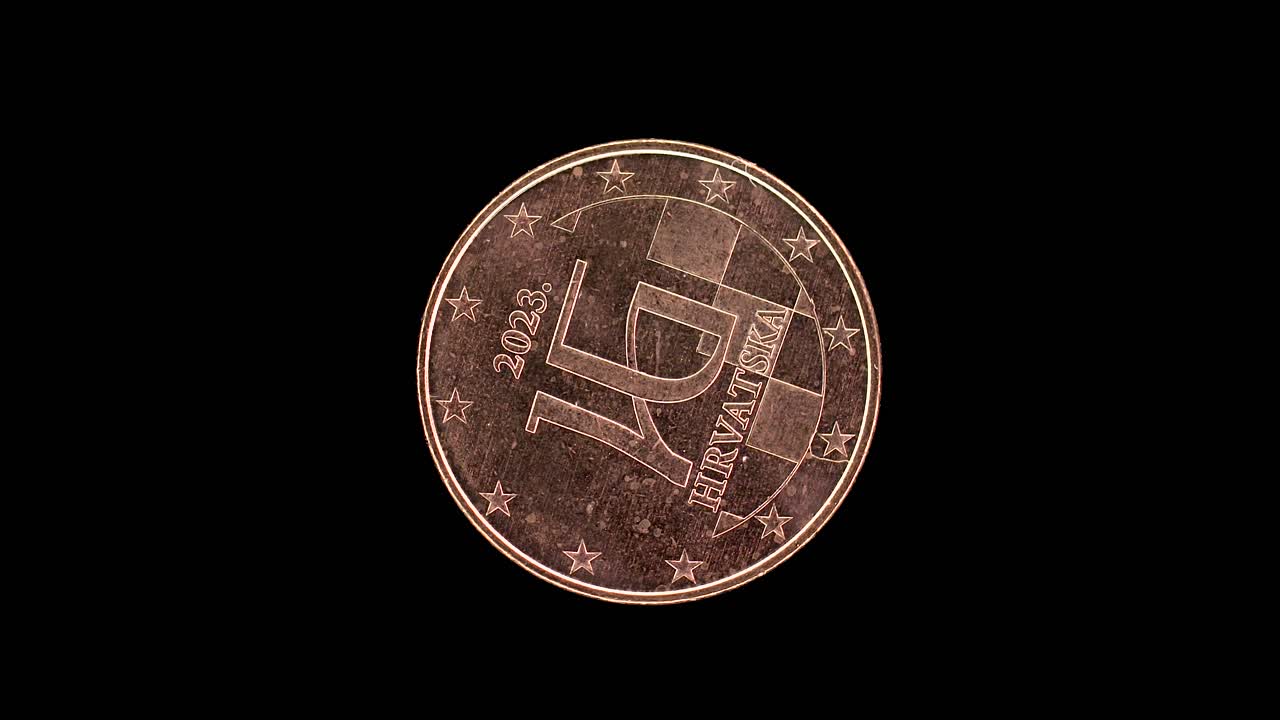 Croatia 2023 5 euro cent coin obverse with HR monogram and chessboard design rotating on black background