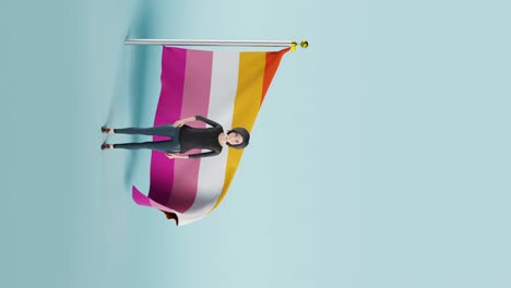 Vertical-video-of-waving-lesbian-pride-flag-against-blue-background