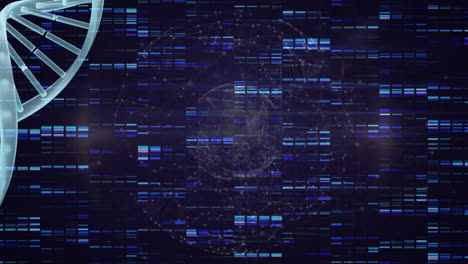 animation of dna strand over shapes and globe