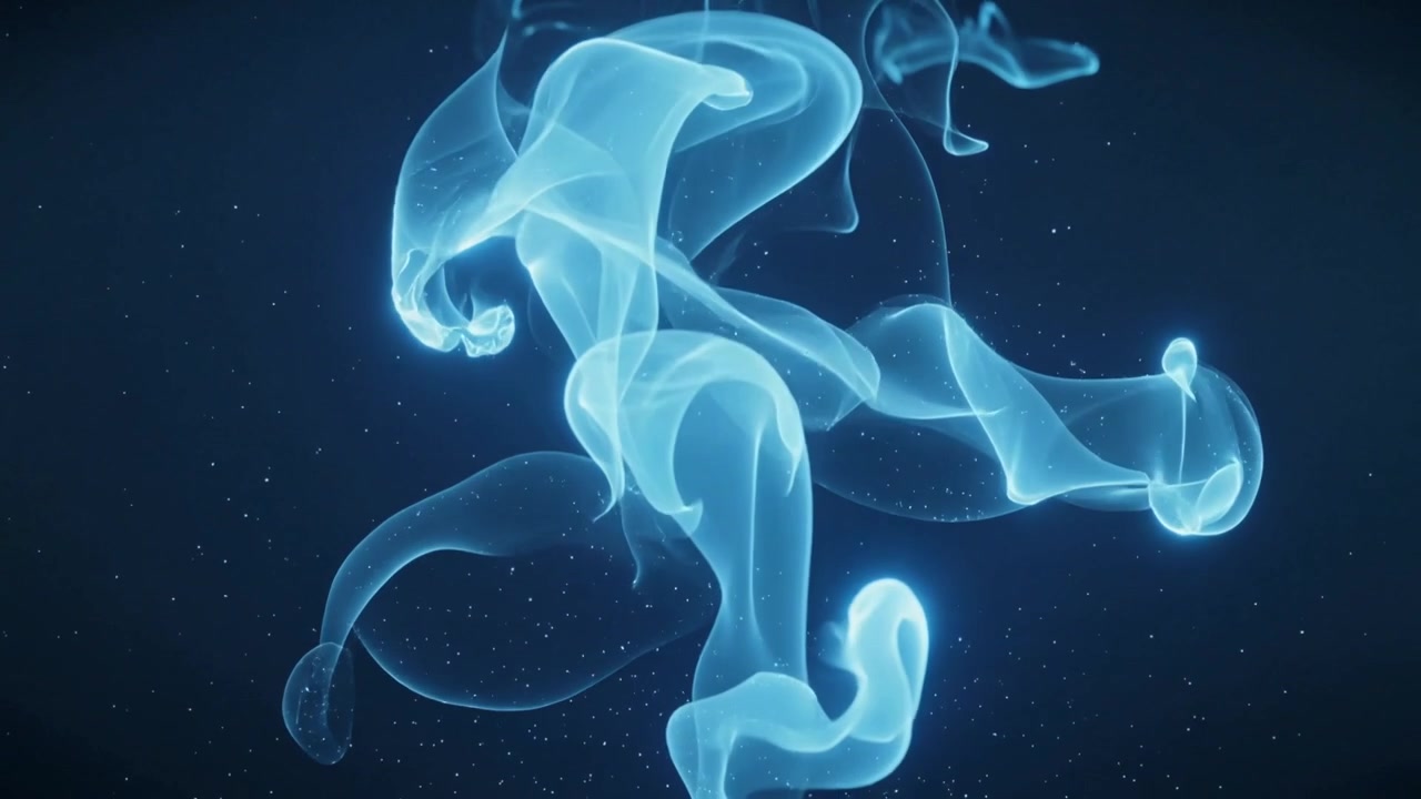 Nastro ciano che si evolve da un filamento, si srotola in pieghe contorte in un vuoto blu navy, con particelle visibili.