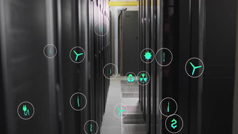 animación de iconos ecológicos y procesamiento de datos a través de servidores informáticos.