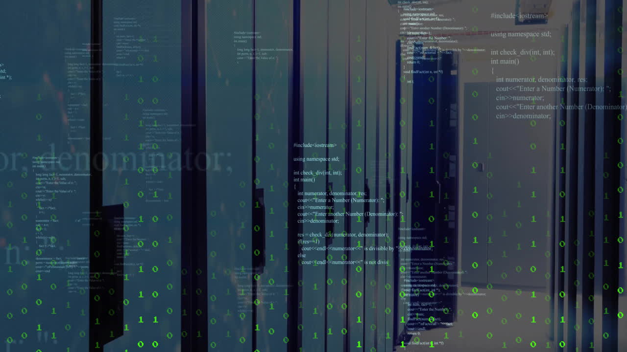 animación del procesamiento de datos con codificación binaria en la sala del servidor
