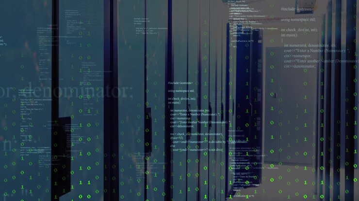 Animation of data processing with binary coding over server room