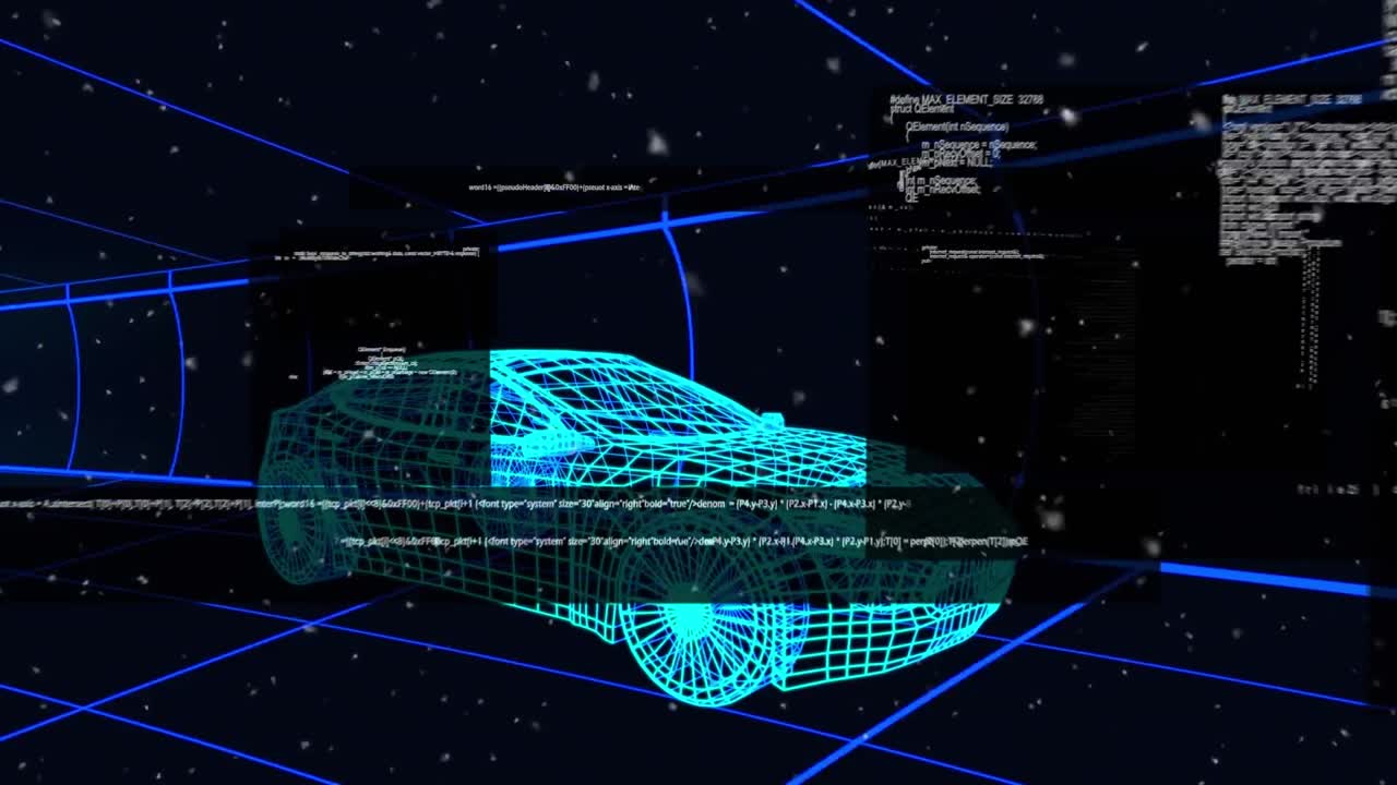 animación del procesamiento de datos sobre el modelo de dibujo 3d del coche y la cuadrícula