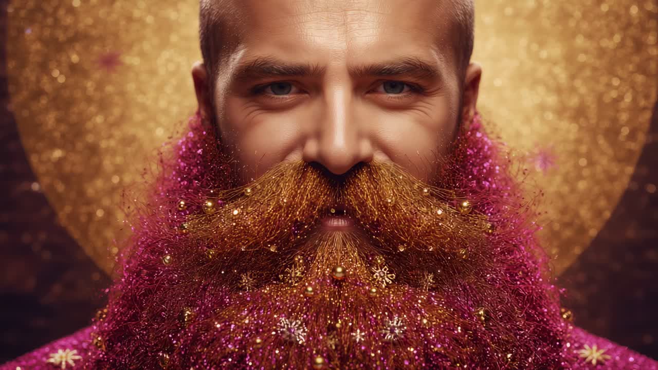 Uomo in posa con barba e giacca magenta in studio, angolazione della camera che si allarga rivelando decorazioni