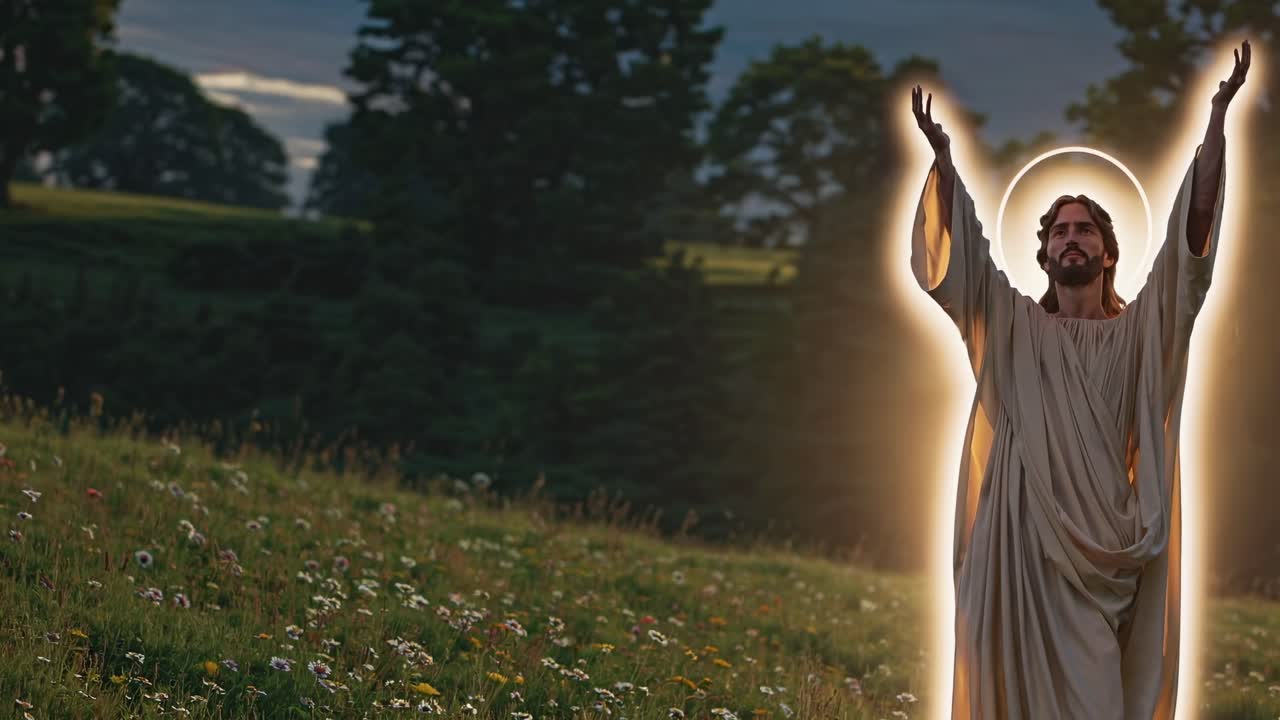 Una serena scena video con una figura luminosa in abiti che cammina attraverso un prato al tramonto