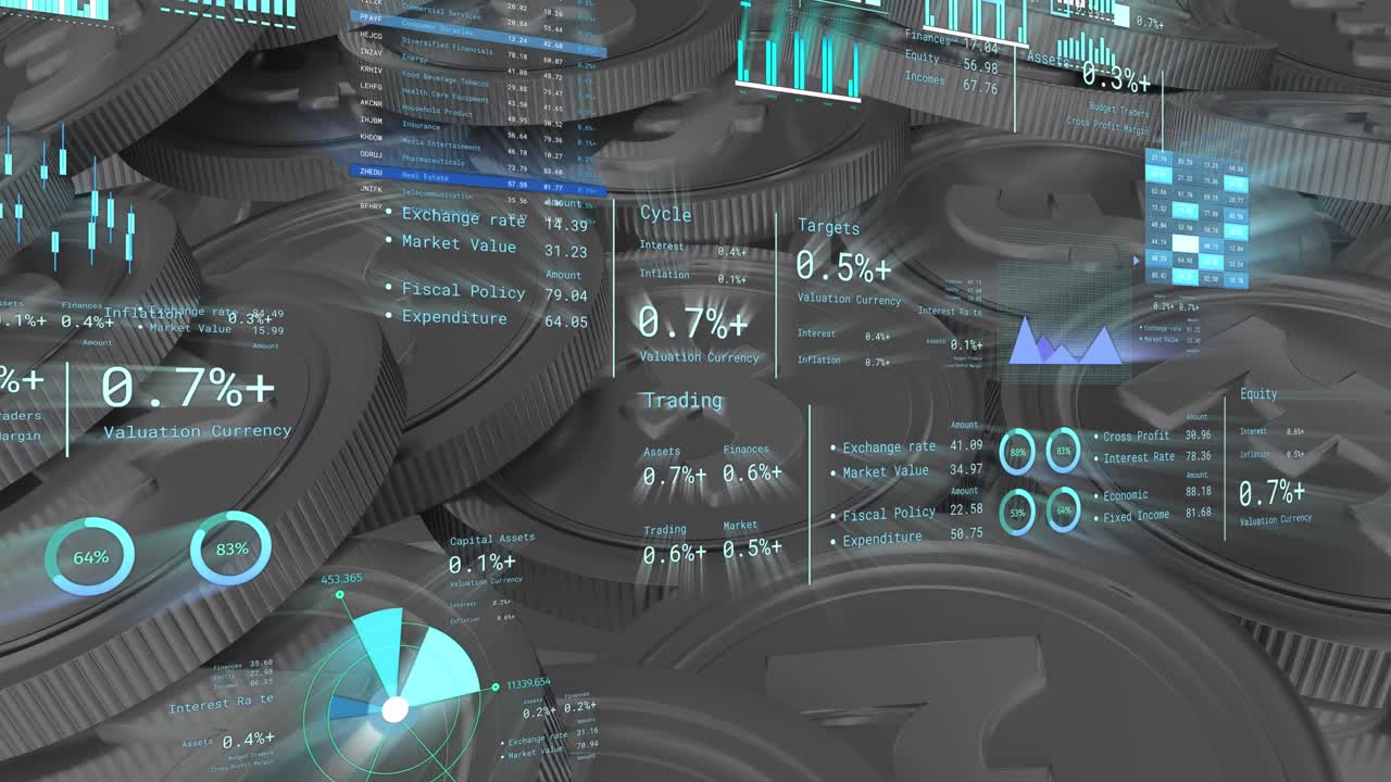 Animation of financial data processing over silver pound coins
