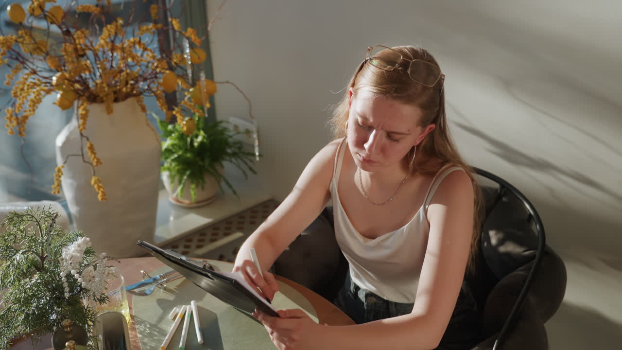 Young white woman sketching on tablet with stylus, artist working on moodboard in sunlit studio corner, papers and sketchbook on table, delicate jewelry and natural skin texture, steady focused