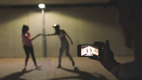 phone, video and social media with friends dance