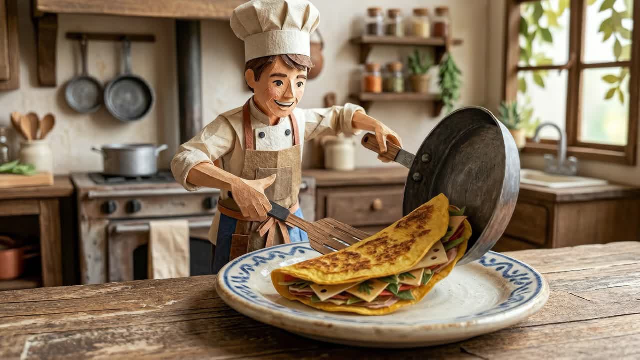Animated Chef Serving Omelet in Rustic Kitchen