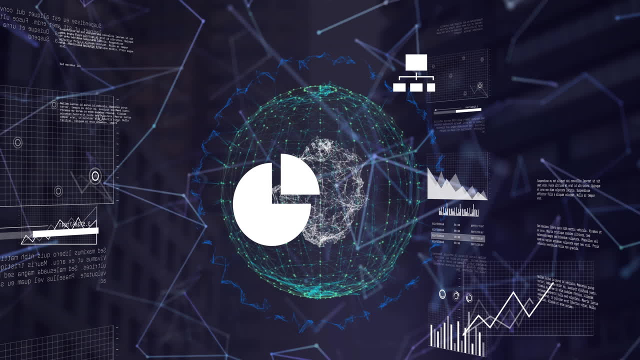 Animation of financial data processing over globe with connections