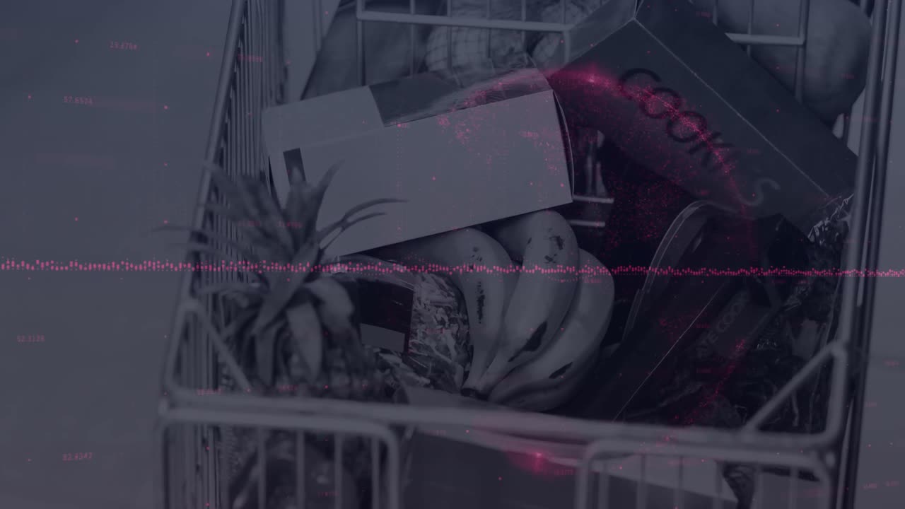 animación de gráficos y globo sobre compras en el carrito del mercado