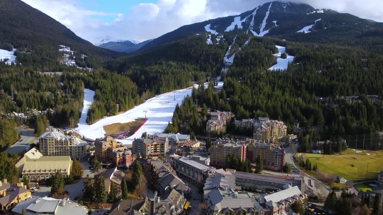 Base of Whistler Village Ski Resort at Sunset in Canada, aerial view