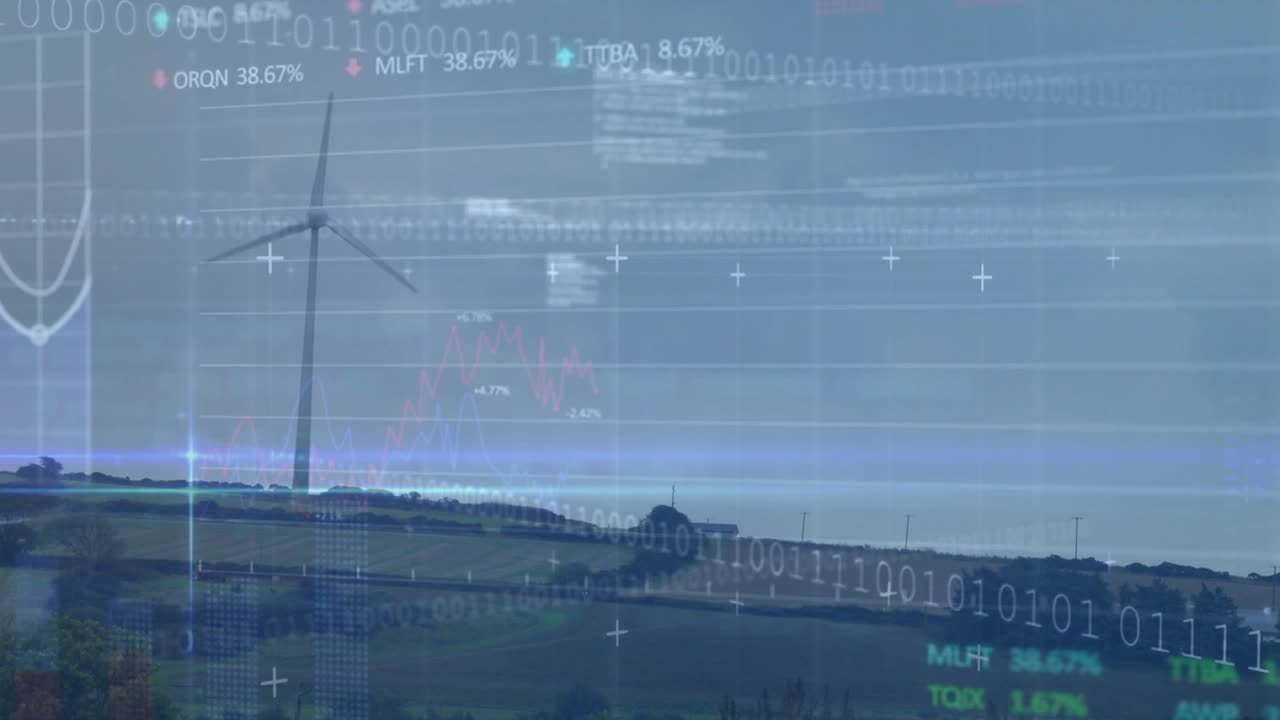 HUD overlays appearing from right, sweeping left, wind turbine rotating, showing energy metrics