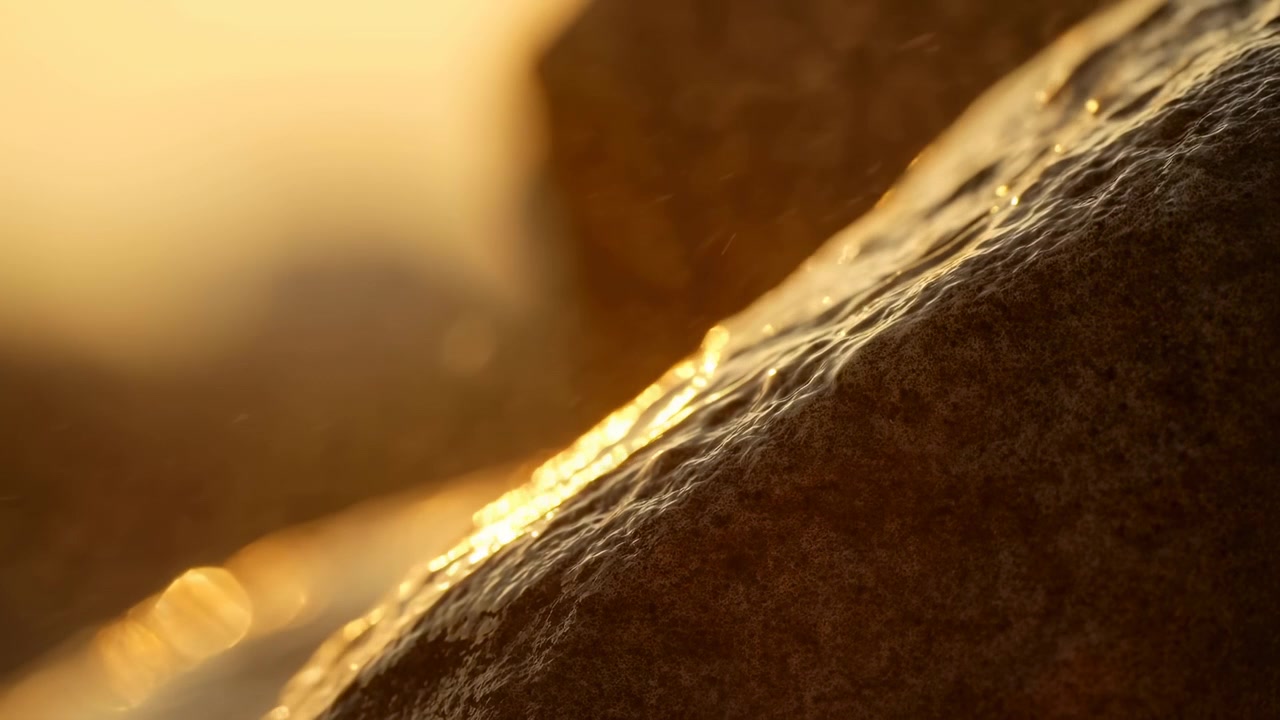 Una vista ravvicinata di una texture di pietra grezza mostra bordi illuminati e motivi superficiali irregolari, mentre una luce calda crea un delicato contrasto in un ambiente esterno con una composizione poco profonda.