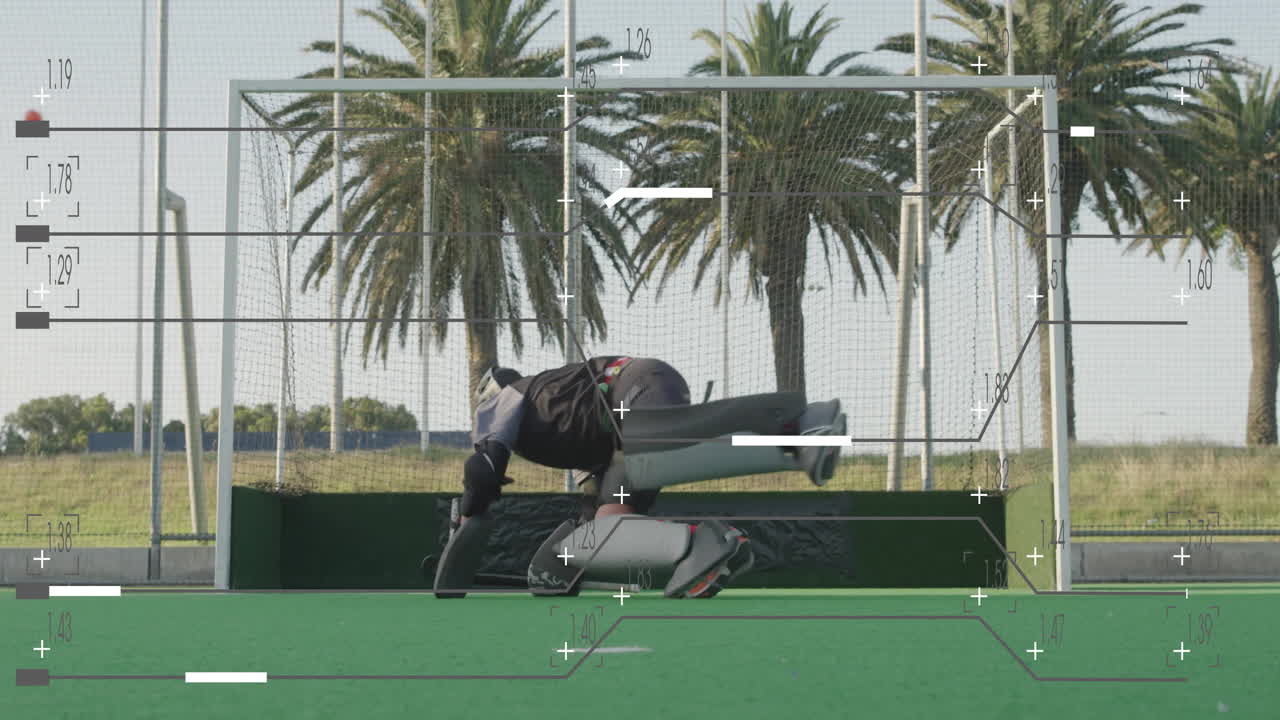 Making save on field, hockey goalie with animation overlay elements