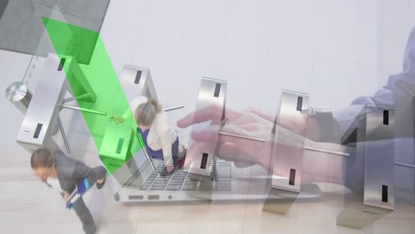 Animation-of-hands-using-laptop-with-green-screen,-over-businesswomen-walking-through-turnstiles