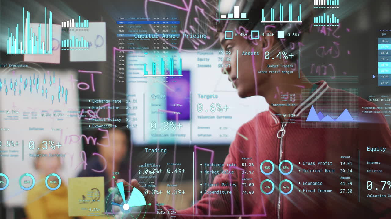 Animation of financial data processing over diverse business people in office