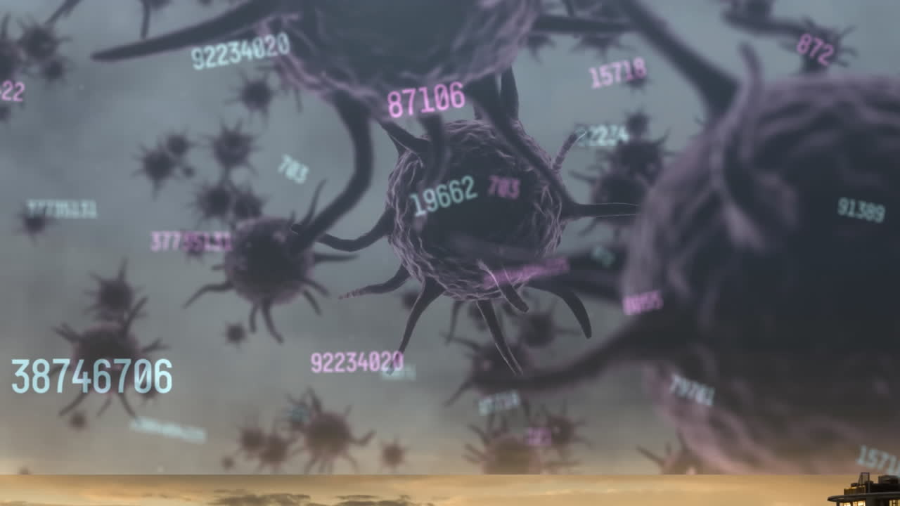 空の雲を背景に、変化する複数の数字と浮かぶ新型コロナウイルス細胞。