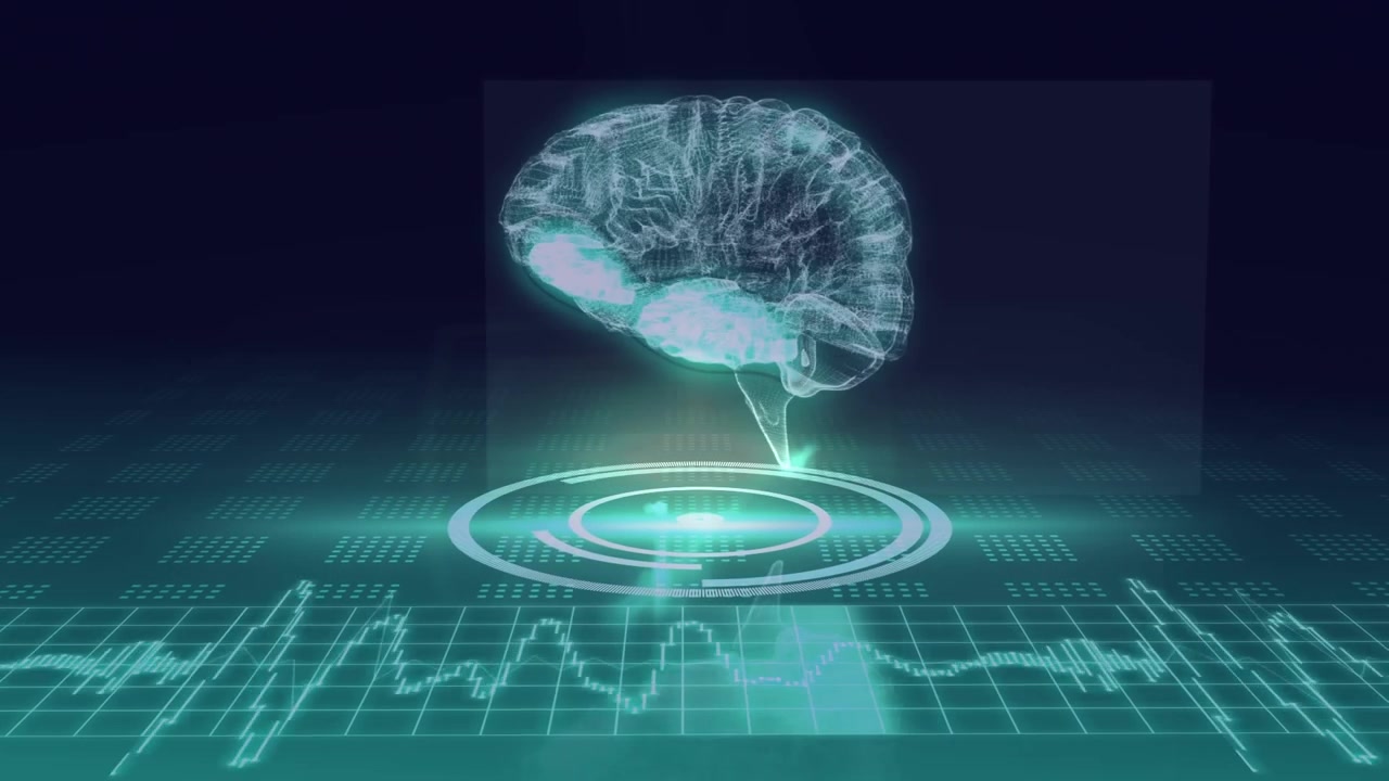 Animation of human brain icon spinning over round scanner and data processing on blue background