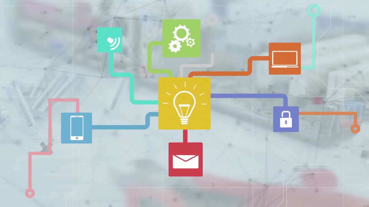 데이터 프로세싱 및 미디어 아이콘을 도구 위에 애니메이션