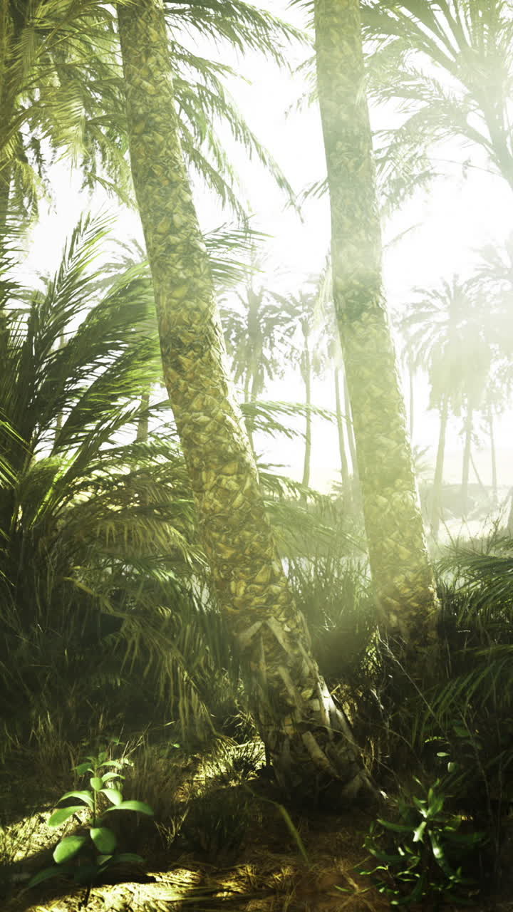 Sunlight filters through lush palm trees in a serene tropical landscape