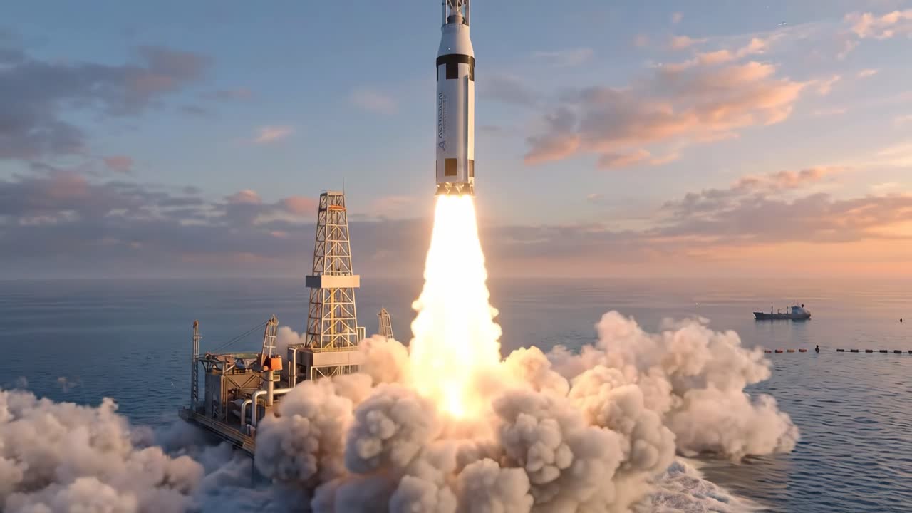 Rocket Launching from Offshore Platform into Sky at Sunset